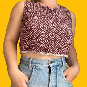 Earthbound Cropped Burgundy and White Top with Crochet and Bead Trim